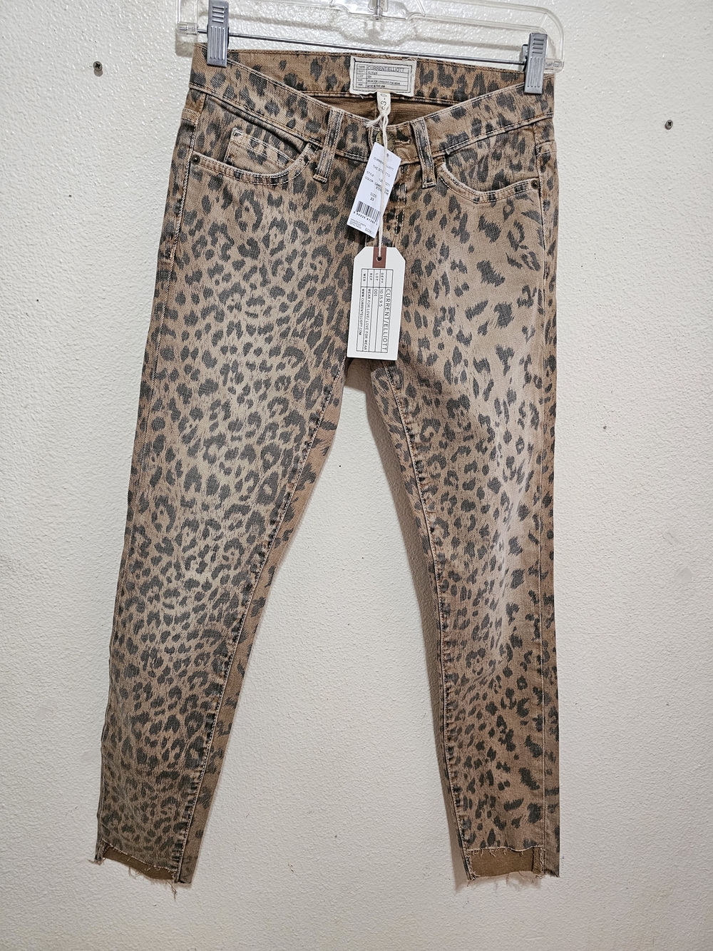 Current/Elliott The Stiletto Leopard Skinny Jeans Camel Cheetah Raw Hem Sz 23